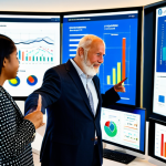 A diverse team of professionals in modest business attire, including men and women of various ethnicities and ages, collaborating around a large, interactive digital display. The screen shows intricate data visualizations, charts, and graphs representing social impact metrics and ESG performance. They are actively engaged in discussion, pointing at the data with focused expressions. The setting is a bright, modern office with large windows overlooking a city skyline, symbolizing transparency and global reach. The overall scene conveys analytical rigor, collaboration, and a commitment to measurable positive change. Fully clothed, appropriate attire, safe for work, perfect anatomy, correct proportions, natural pose, well-formed hands, proper finger count, natural body proportions, professional, family-friendly, high-quality corporate photography.