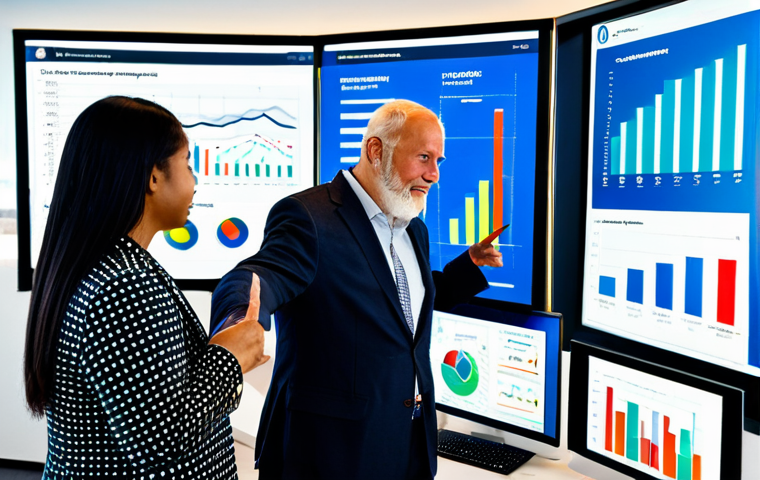 A diverse team of professionals in modest business attire, including men and women of various ethnicities and ages, collaborating around a large, interactive digital display. The screen shows intricate data visualizations, charts, and graphs representing social impact metrics and ESG performance. They are actively engaged in discussion, pointing at the data with focused expressions. The setting is a bright, modern office with large windows overlooking a city skyline, symbolizing transparency and global reach. The overall scene conveys analytical rigor, collaboration, and a commitment to measurable positive change. Fully clothed, appropriate attire, safe for work, perfect anatomy, correct proportions, natural pose, well-formed hands, proper finger count, natural body proportions, professional, family-friendly, high-quality corporate photography.