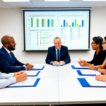 A diverse group of professional social impact workers and local community leaders, fully clothed in modest, appropriate attire, are gathered around a large table in a bright, modern community center meeting room. They are actively engaged in a collaborative discussion, reviewing charts, graphs, and project notes displayed on a large screen, symbolizing data-driven decision-making and continuous improvement. The atmosphere is one of focused teamwork and constructive dialogue. safe for work, appropriate content, professional, perfect anatomy, correct proportions, natural pose, well-formed hands, proper finger count, natural body proportions, high quality professional photography.