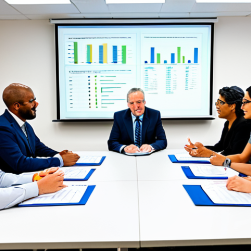 A diverse group of professional social impact workers and local community leaders, fully clothed in modest, appropriate attire, are gathered around a large table in a bright, modern community center meeting room. They are actively engaged in a collaborative discussion, reviewing charts, graphs, and project notes displayed on a large screen, symbolizing data-driven decision-making and continuous improvement. The atmosphere is one of focused teamwork and constructive dialogue. safe for work, appropriate content, professional, perfect anatomy, correct proportions, natural pose, well-formed hands, proper finger count, natural body proportions, high quality professional photography.