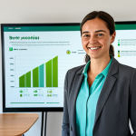 A professional, adult female data analyst, standing confidently in a bright, contemporary open-plan office in Lisbon, featuring large windows overlooking historic rooftops. She is wearing a modest business suit in charcoal gray with a light blue blouse, fully clothed, appropriate attire. She is standing next to a large digital screen displaying a vivid, clean infographic about a successful reforestation project in Serra da Estrela, showing "before and after" comparisons and clear growth charts. The infographic uses a color palette of greens and blues. She is gesturing towards the screen with one hand, a subtle smile on her face, indicating clarity and positive impact. Professional photography, high resolution, natural light, crisp focus, safe for work, appropriate content, perfect anatomy, correct proportions, natural pose, well-formed hands, proper finger count, natural body proportions, family-friendly.