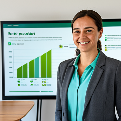 A professional, adult female data analyst, standing confidently in a bright, contemporary open-plan office in Lisbon, featuring large windows overlooking historic rooftops. She is wearing a modest business suit in charcoal gray with a light blue blouse, fully clothed, appropriate attire. She is standing next to a large digital screen displaying a vivid, clean infographic about a successful reforestation project in Serra da Estrela, showing "before and after" comparisons and clear growth charts. The infographic uses a color palette of greens and blues. She is gesturing towards the screen with one hand, a subtle smile on her face, indicating clarity and positive impact. Professional photography, high resolution, natural light, crisp focus, safe for work, appropriate content, perfect anatomy, correct proportions, natural pose, well-formed hands, proper finger count, natural body proportions, family-friendly.