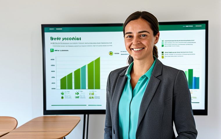 A professional, adult female data analyst, standing confidently in a bright, contemporary open-plan office in Lisbon, featuring large windows overlooking historic rooftops. She is wearing a modest business suit in charcoal gray with a light blue blouse, fully clothed, appropriate attire. She is standing next to a large digital screen displaying a vivid, clean infographic about a successful reforestation project in Serra da Estrela, showing "before and after" comparisons and clear growth charts. The infographic uses a color palette of greens and blues. She is gesturing towards the screen with one hand, a subtle smile on her face, indicating clarity and positive impact. Professional photography, high resolution, natural light, crisp focus, safe for work, appropriate content, perfect anatomy, correct proportions, natural pose, well-formed hands, proper finger count, natural body proportions, family-friendly.