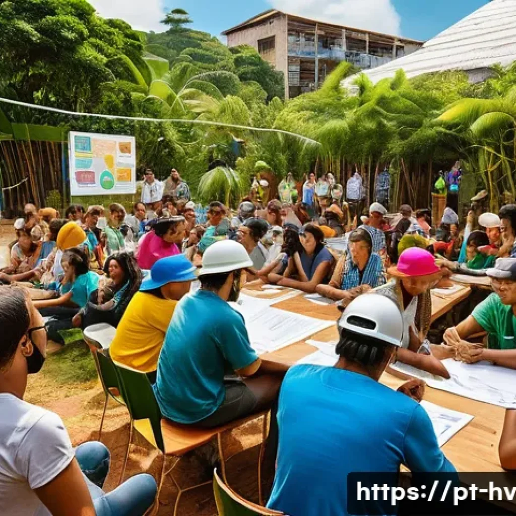 소셜 임팩트 측정과 지속 가능성 - A vibrant community workshop scene in Brazil, showing diverse local people gathered in a colorful, o...
