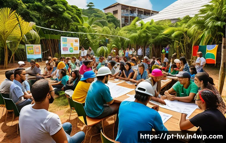소셜 임팩트 측정과 지속 가능성 - A vibrant community workshop scene in Brazil, showing diverse local people gathered in a colorful, o...