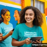 Home 20 소셜 임팩트 측정의 실증 연구 결과 - A vibrant community center in Brazil where diverse local people engage with digital tools on tablets...