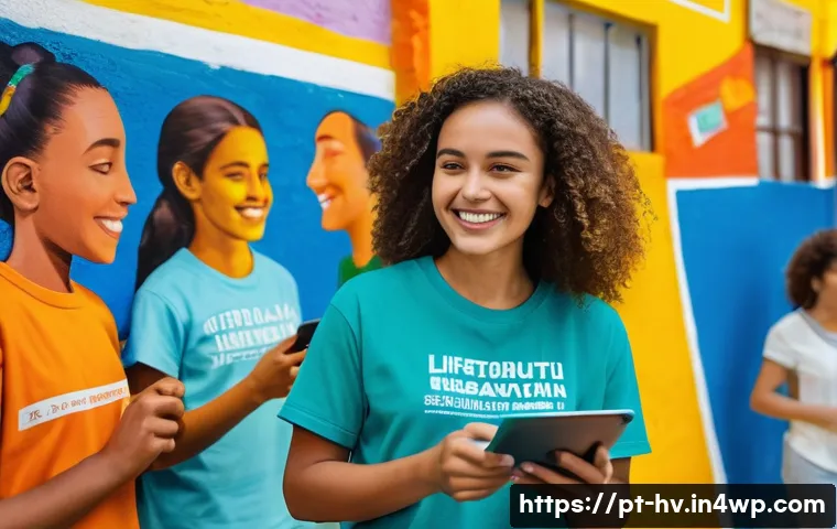 소셜 임팩트 측정의 실증 연구 결과 - A vibrant community center in Brazil where diverse local people engage with digital tools on tablets...