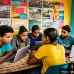 Home 18 소셜 임팩트 측정의 지역 사회 영향 - A vibrant community workshop scene in a Brazilian favela, showing diverse local residents actively e...
