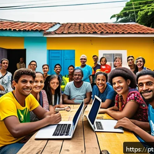 Home 17 소셜 임팩트 측정의 결과의 실효성 - A vibrant community meeting in a Brazilian favela, showing diverse local residents of various ages a...