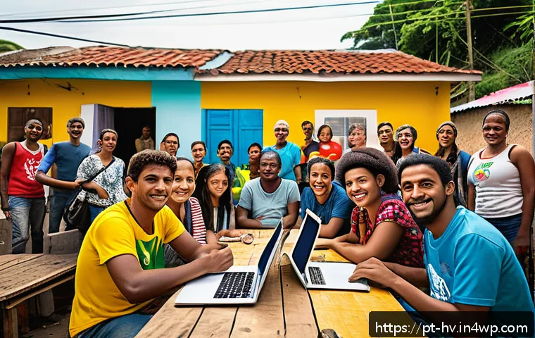 소셜 임팩트 측정의 결과의 실효성 - A vibrant community meeting in a Brazilian favela, showing diverse local residents of various ages a...